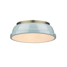  3602-14 AB-SF - Duncan 14" Flush Mount in Aged Brass with a Seafoam Shade